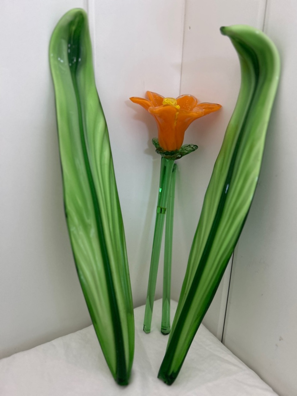 Vintage Glass Daffodil orange bloom flower Green leaves Murano style figural